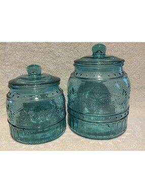 The Pioneer Woman Embossed Cassie - Set of Two - Teal Blue Canisters with Lids